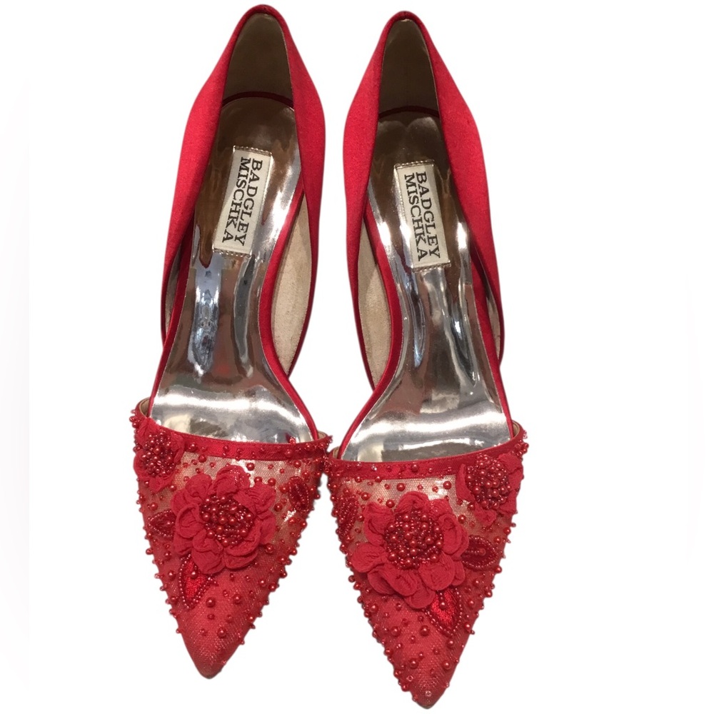 Badgley Mischka Red Floral Beaded Pointed-Toe Pumps